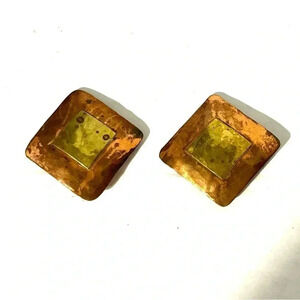 Vintage Earrings Mixed Metal Modernist Clip On Brass Copper Signed JF 2”Square